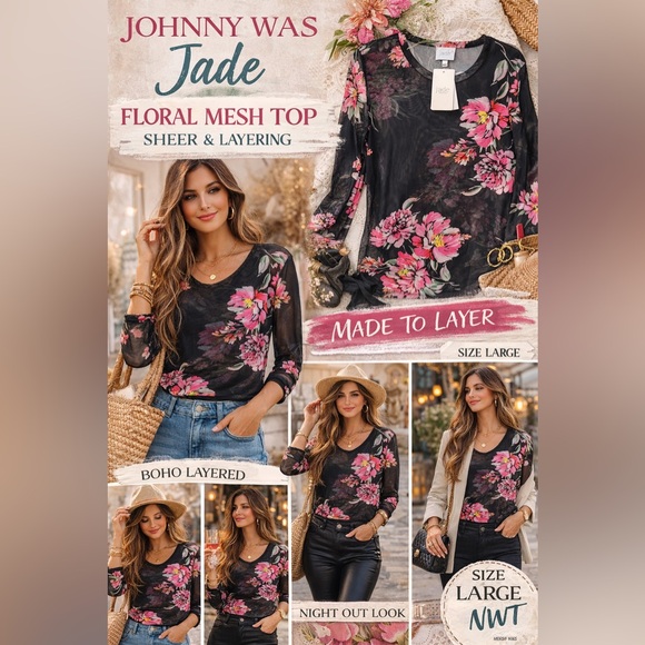 Johnny Was Tops - Johnny Was Black Sheer Floral Mesh Top with Pink Flowers